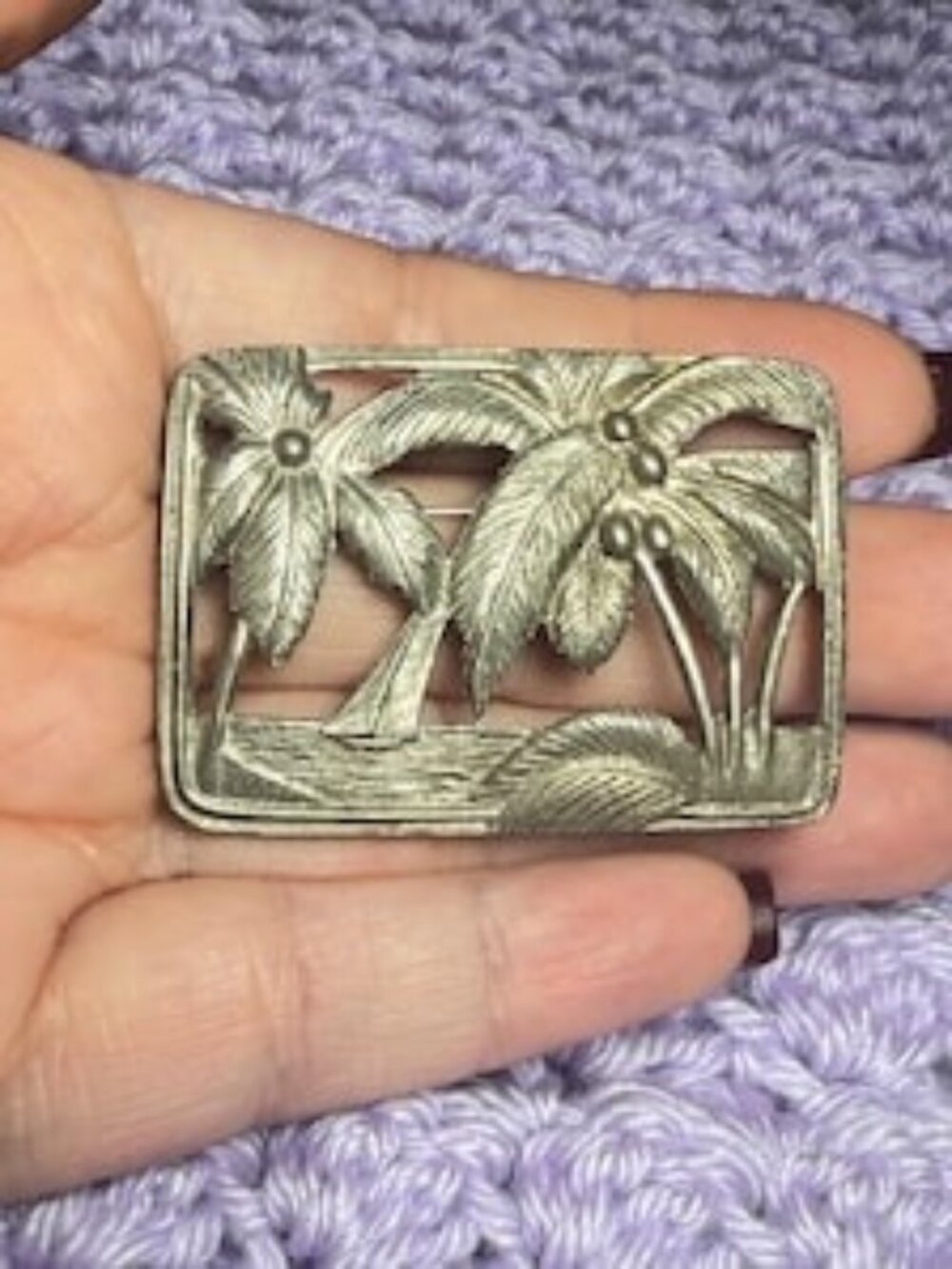 Vintage Tropical Palm Tree Brooch Silver Tone Island Landscape Pin